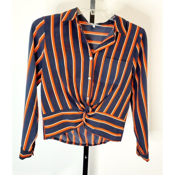 Sweet Rain Women's Blouse Blue Orange Stripes Long Sleeve Gathered Hem - Medium - Picture 1 of 7